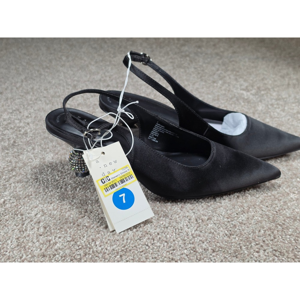 A New Day Simone Black Satin Slingback Pumps Rhinestone Disco Ball Heel Size 7